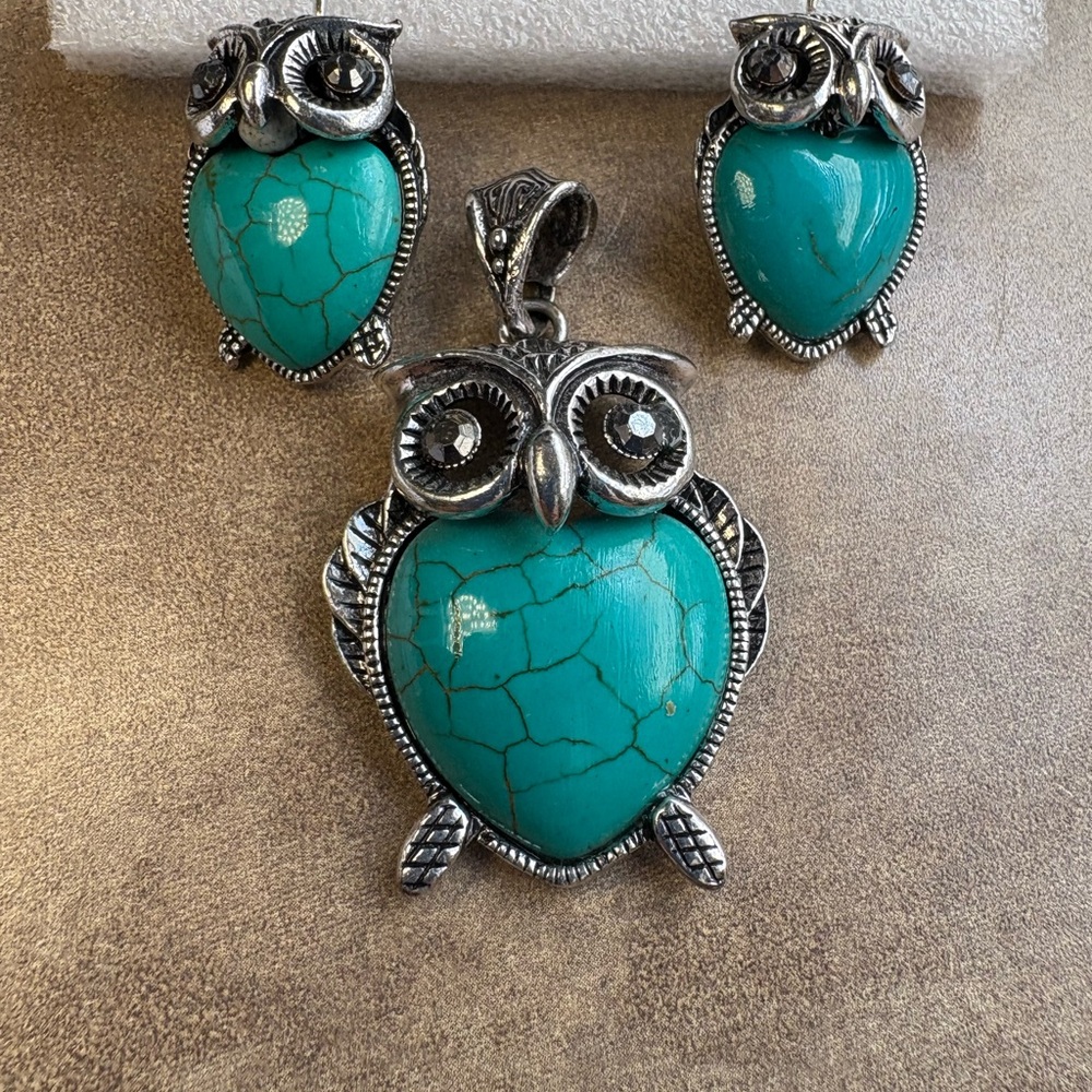 Silver Owl Jewelry Set with Turquoise Accents